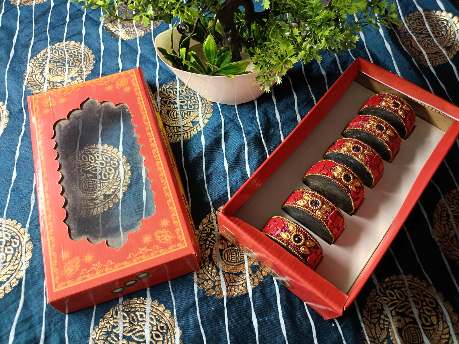 wooden with stone work tea light holder for diwali décor/ gift item, red